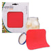 Appetito branded red silicone jar opener shown with its retail packaging, a clear glass jar, and the lid removed to demonstrate use. The product is photographed on a clean white background.