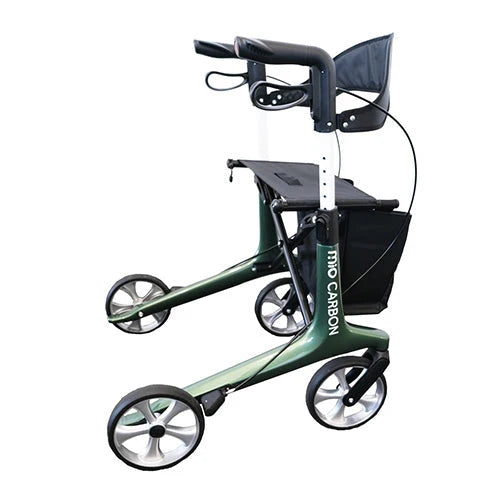 MIO Carbon Fibre Rollator lightweight foldable mobility walker with seat and storage bag for seniors, aged care users and NDIS participants.