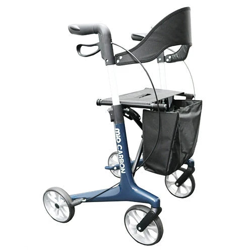 MIO Carbon Fibre Rollator lightweight foldable mobility walker with seat and storage bag for seniors, aged care users and NDIS participants.